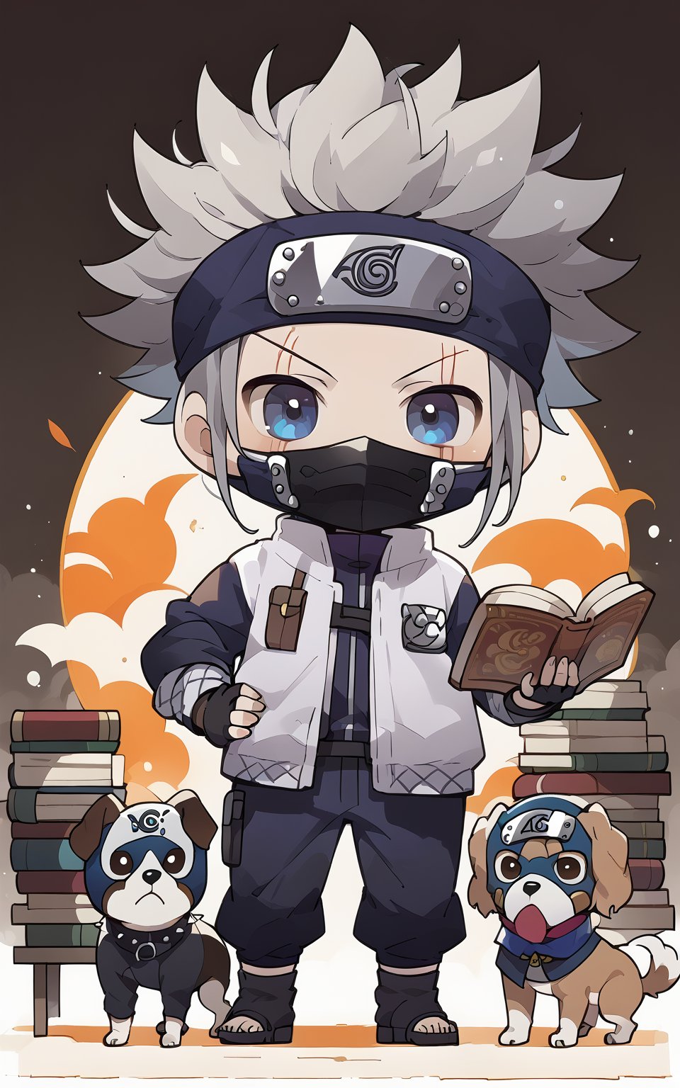 score_9,score_8_up,score_7_up, chibi, chibi style, looking at viewer,blue eyes,gloves,long sleeves,1boy,holding,standing,full body,grey hair,male focus,black gloves,fingerless gloves,chibi,hand on hip,book,mask,animal,scar,spiked hair,scar on face,holding book,dog,open book,mouth mask,scar across eye,covered mouth,reading,forehead protector,konohagakure symbol,ninja mask,
Kakashi Hatake