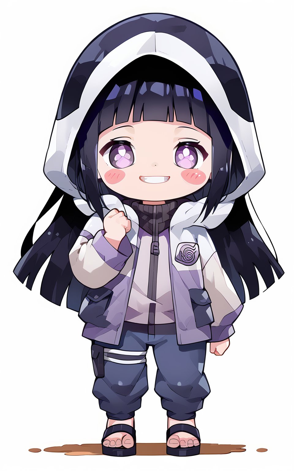 score_9,score_8_up,score_7_up, chibi, chibi style, 1girl,long hair,looking at viewer,blush,smile,bangs,simple background,black hair,long sleeves,white background,standing,jacket,full body,pants,hand up,hood,blunt bangs,chibi,black footwear,grin,shiny hair,toes,blush stickers,sandals,hood down,straight hair,blue pants,white eyes,no pupils,toeless footwear,konohagakure symbol,hyuuga hinata