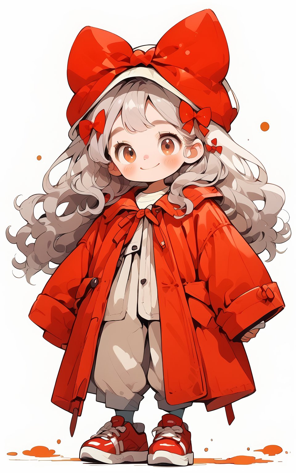 score_9,score_8_up,score_7_up, chibi, chibi style, 1girl,long hair,looking at viewer,blush,smile,simple background,long sleeves,hat,white background,bow,brown eyes,closed mouth,standing,full body,hair bow,grey hair,shoes,pants,bag,red bow,coat,sleeves past wrists,red footwear,sneakers,shoulder bag