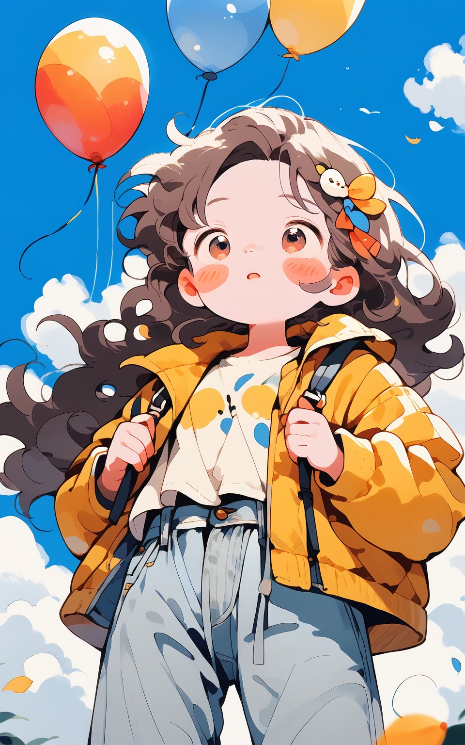 score_9,score_8_up,score_7_up, chibi, chibi style, 1girl,long hair,blush,open mouth,bangs,brown hair,shirt,black hair,hair ornament,long sleeves,holding,brown eyes,standing,jacket,outdoors,parted lips,open clothes,sky,day,pants,cloud,bag,:o,black eyes,red bow,open jacket,blue sky,parted bangs,petals,floating hair,feet out of frame,looking away,blush stickers,cloudy sky,looking up,denim,wind,tareme,puffy long sleeves,jeans,dot nose,blue pants,yellow jacket,balloon,looking ahead,holding balloon