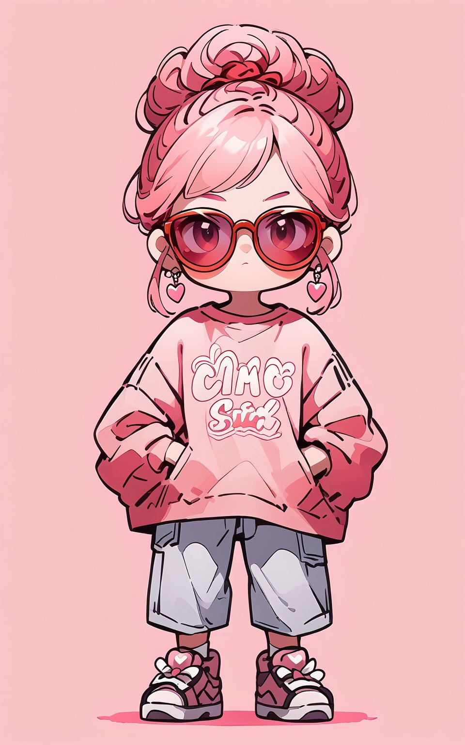 score_9,score_8_up,score_7_up, chibi, chibi style, 1girl,looking at viewer,bangs,simple background,shirt,long sleeves,jewelry,closed mouth,full body,pink hair,heart,earrings,hair bun,single hair bun,pink background,sunglasses,clothes writing,:<,red-framed eyewear,pink shirt,hands in pockets