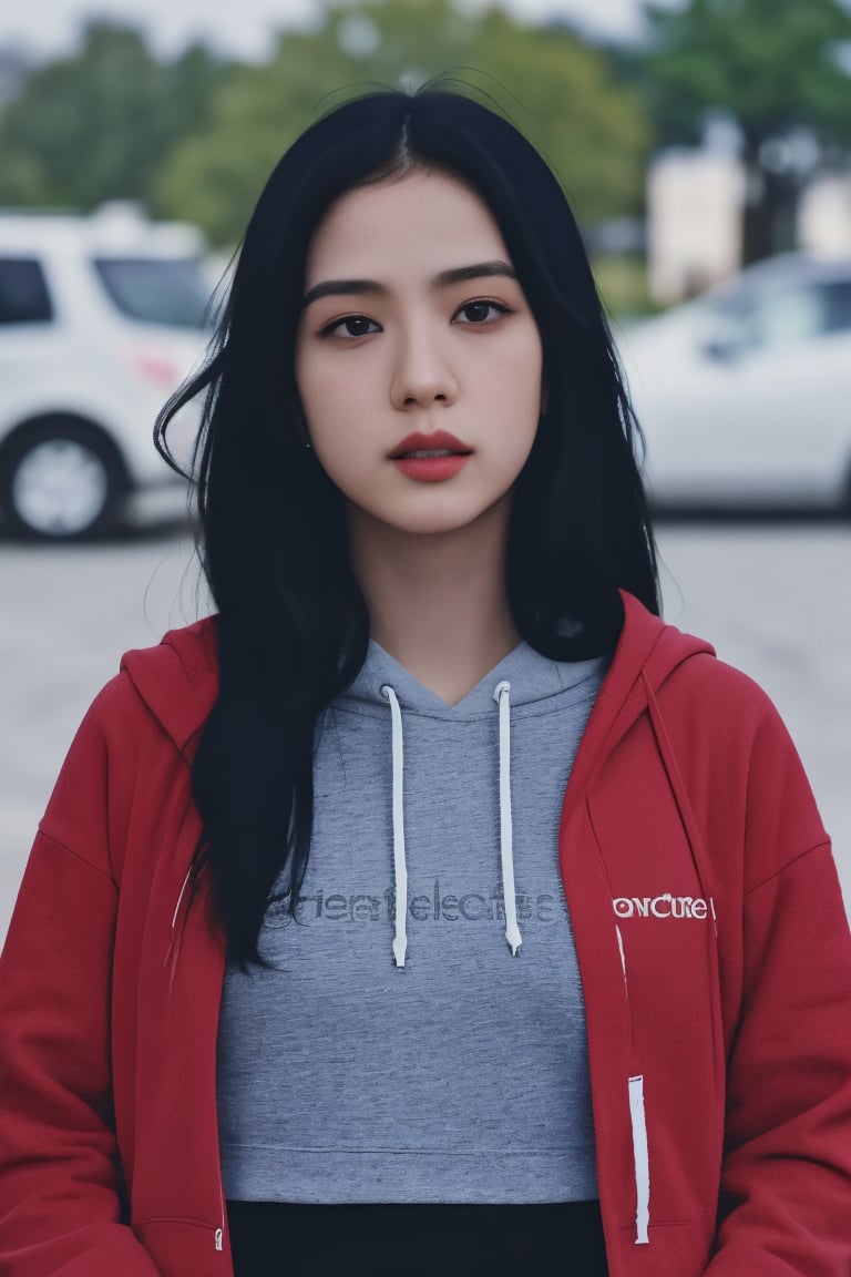 1girl, solo, black hair, closed mouth, upper body, outdoors, hood, blurry, black eyes, lips, hoodie, blurry background, hood down, ground vehicle, clothes writing, motor vehicle, realistic, car, red hoodie