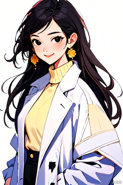  blooming cheer cartoon style,1girl,solo,long hair,black eyes, red hair,smile,elegant,delicate facial features, upper body ,white overcoat,yellow sweater,black hair ,looking at viewer,simple background, white background,(best quality), ((masterpiece)), (an extremely delicate and beautiful), original, extremely detailed wallpaper
