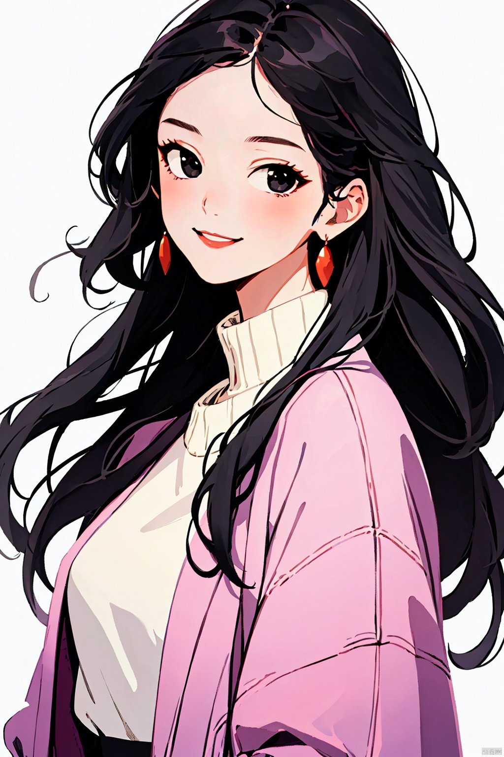  blooming cheer cartoon style,1girl,solo,long hair,black eyes, red hair,smile,elegant,delicate facial features, upper body ,pink overcoat,white sweater,black hair ,looking at viewer,simple background, white background,(best quality), ((masterpiece)), (an extremely delicate and beautiful), original, extremely detailed wallpaper
