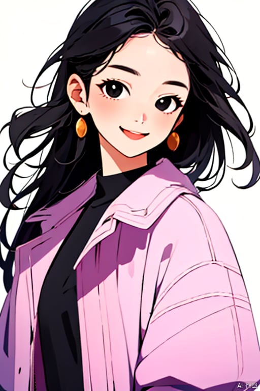  blooming cheer cartoon style,1girl,solo,long hair,black eyes, black hair,smile,upper body ,pink jacket,yellow shirt,black hair ,looking at viewer,simple background, white background,(best quality), ((masterpiece)), (an extremely delicate and beautiful), original, extremely detailed wallpaper
