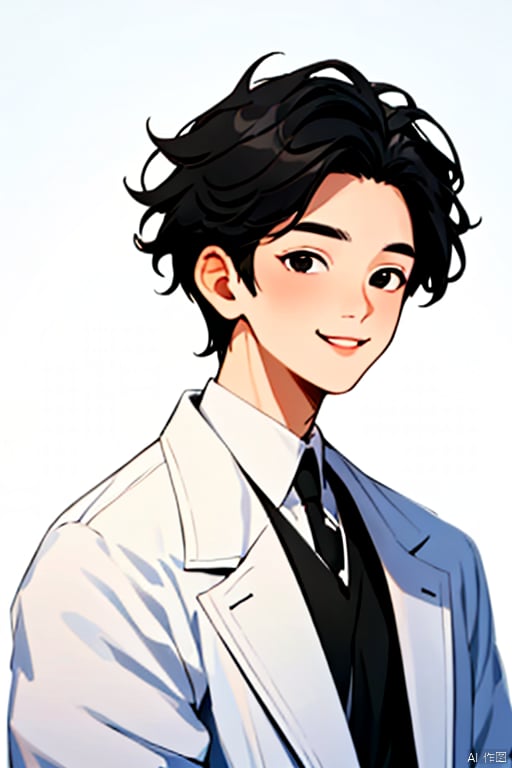  blooming cheer cartoon style,1boy,solo,short hair,black eyes, black hair,smile,upper body ,white overcoat,white shirt,black hair ,looking at viewer,white background,simple background, (best quality), ((masterpiece)), (an extremely delicate and beautiful), original, extremely detailed wallpaper
