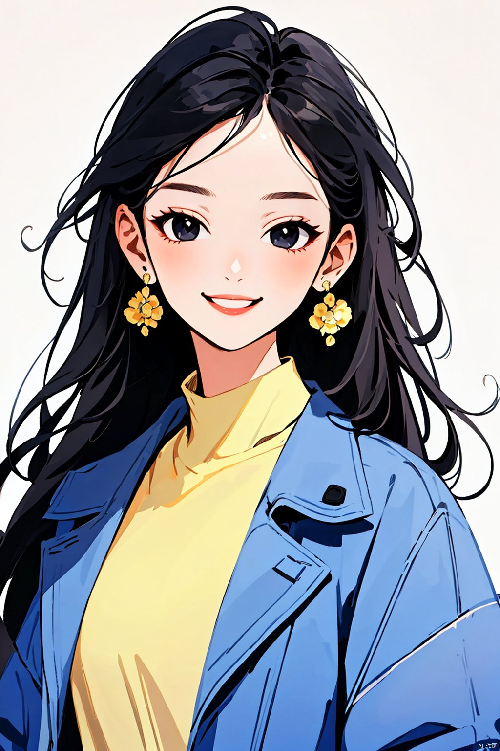  blooming cheer cartoon style,1girl,solo,long hair,black eyes, black hair,smile,upper body ,blue jacket,yellow shirt,black hair ,looking at viewer,simple background, white background,(best quality), ((masterpiece)), (an extremely delicate and beautiful), original, extremely detailed wallpaper
