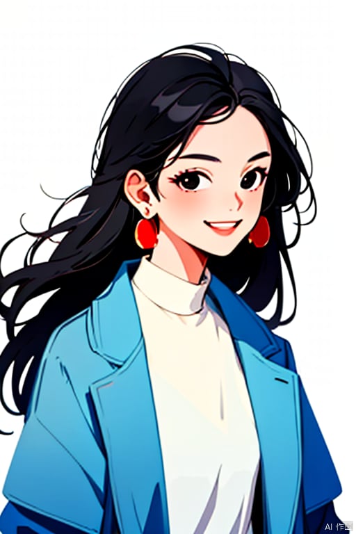  blooming cheer cartoon style,1girl, solo,black eyes, black hair,blue overcoat,earrings, long hair , looking at viewer, white shirt,simple background, smile ,upper body , white background , 
