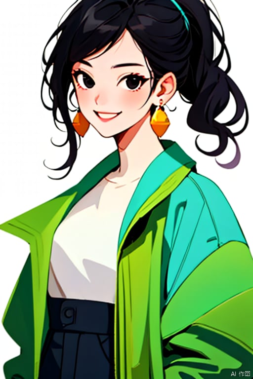  blooming cheer cartoon style,1girl, solo,black eyes, black hair,blue jacket,earrings, long hair , looking at viewer, white shirt,simple background, smile ,upper body , white background , 
