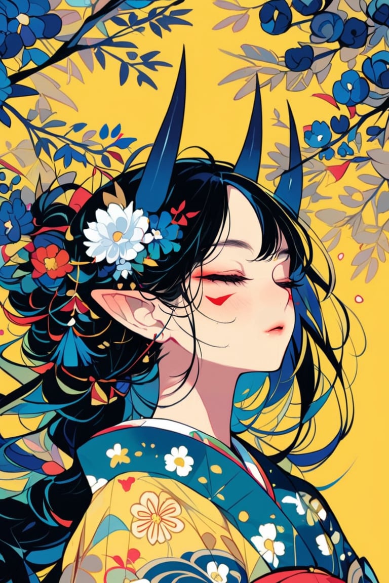 dal-6, 1girl, solo, long hair, black hair, hair ornament, animal ears, closed mouth, upper body, closed eyes, flower, parted lips, horns, japanese clothes, pointy ears, hair flower, kimono, from side, eyelashes, lips, leaf, facial mark, floral print, white flower, plant, yellow background, blue flower, branch
