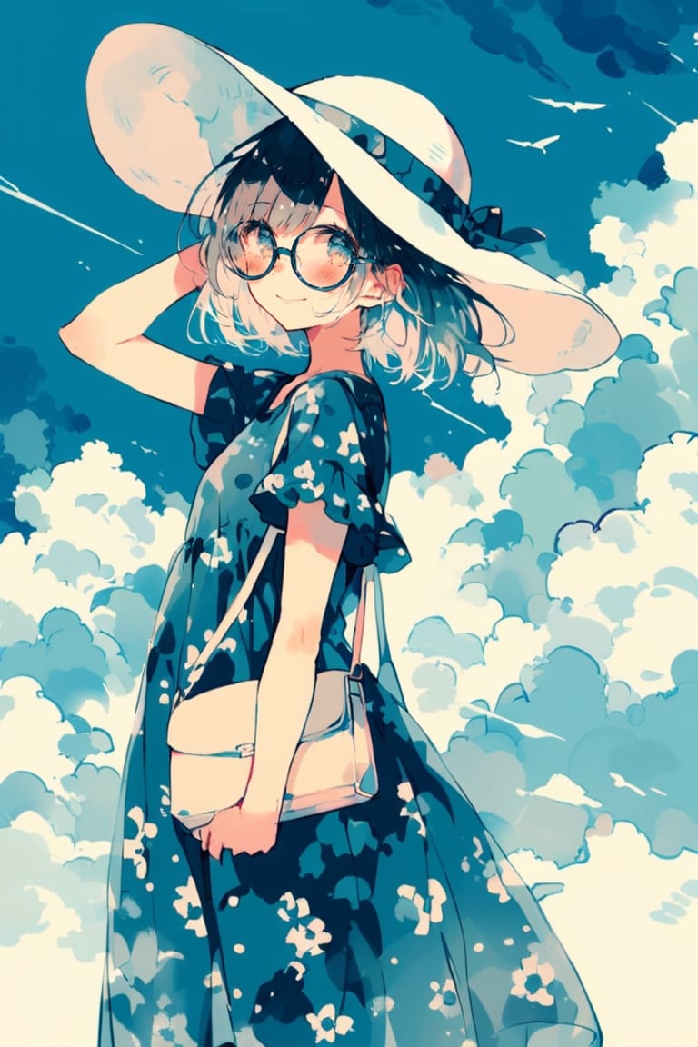 dal-6, 1girl, solo, looking at viewer, blush, smile, short hair, black hair, dress, hat, closed mouth, standing, white hair, short sleeves, outdoors, cowboy shot, sky, glasses, day, cloud, wide sleeves, bag, from side, arm up, blue sky, blue dress, white headwear, cloudy sky, wind, black-framed eyewear, sun hat, shoulder bag, handbag, hand on headwear, print dress
