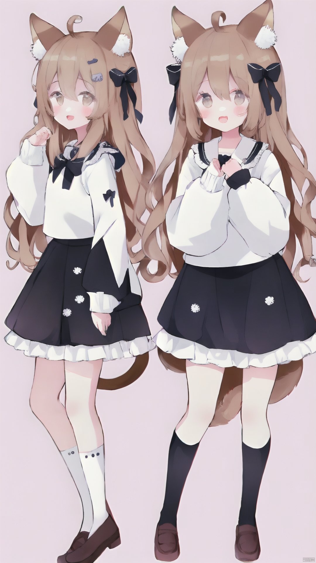 1girl, white skirt, multiple views, skirt, shirt, very long hair, animal ears, cat girl, tail bow, tail, long hair, puffy long sleeves, ahoge, cat tail, :d, tail ornament, long sleeves, socks, puffy sleeves, smile, cat ears, pink shirt, pleated skirt, bow, hands up, bangs, hair between eyes, no shoes, animal ear fluff, blush, looking at viewer, red bow, white background, open mouth, two-tone background, pink background, frills, brown eyes, steepled fingers, floral background, sleeves past wrists, brown hair