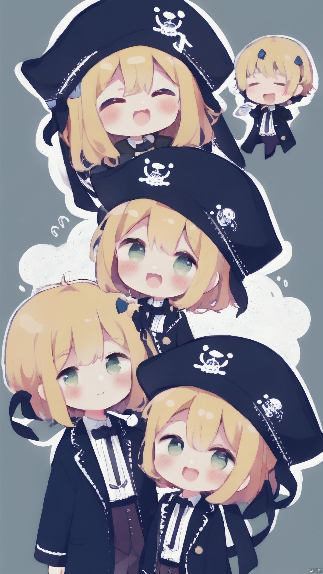  masterpiece, best quality,smile, open mouth, blue eyes, blonde hair, brown hair, hat, holding, green eyes, closed eyes, multiple boys, 2boys, chibi, > <, pirate hat