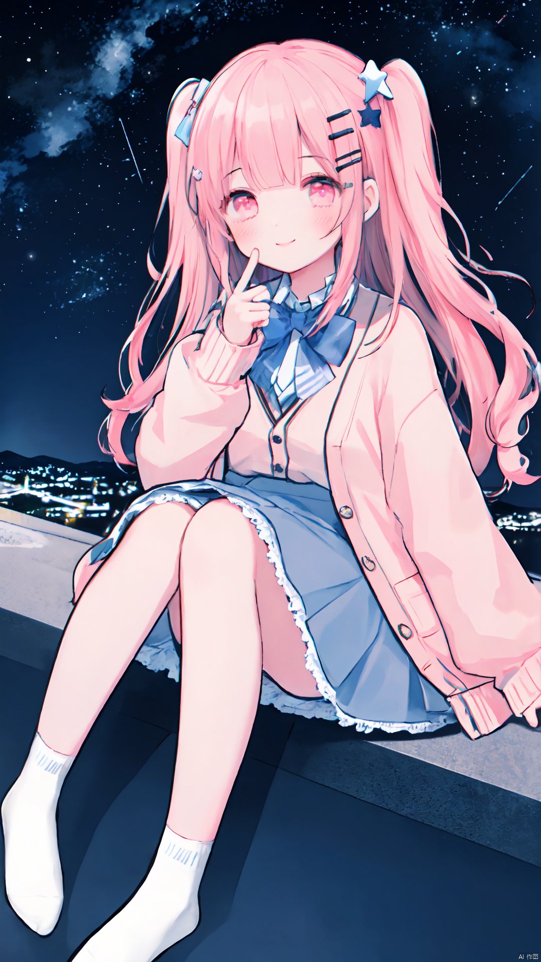 1girl, star \(sky\), solo, sky, starry sky, pink hair, smile, skirt, long hair, hair ornament, pink cardigan, shirt, bow, sitting, cardigan, blush, white shirt, socks, pink eyes, hairclip, no shoes, night, blue skirt, ribbon, full body, two side up, bowtie, long sleeves, bangs, night sky, star \(symbol\)