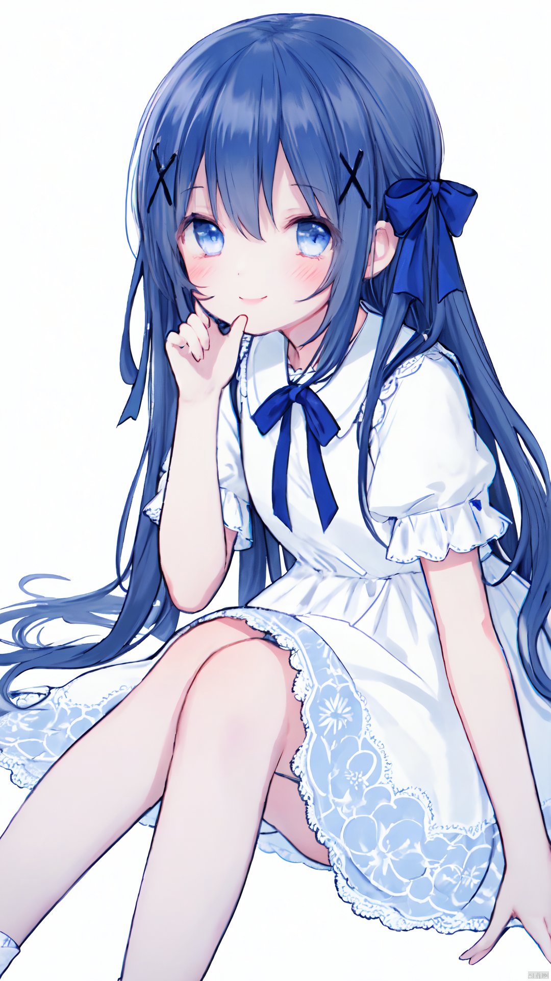 1girl, long hair, solo, blue eyes, kafuu chino, dress, blue hair, smile, hair bow, bow, hair ornament, sitting, white dress, ribbon, white background, knee up, hand on own knee, blush, simple background, short sleeves