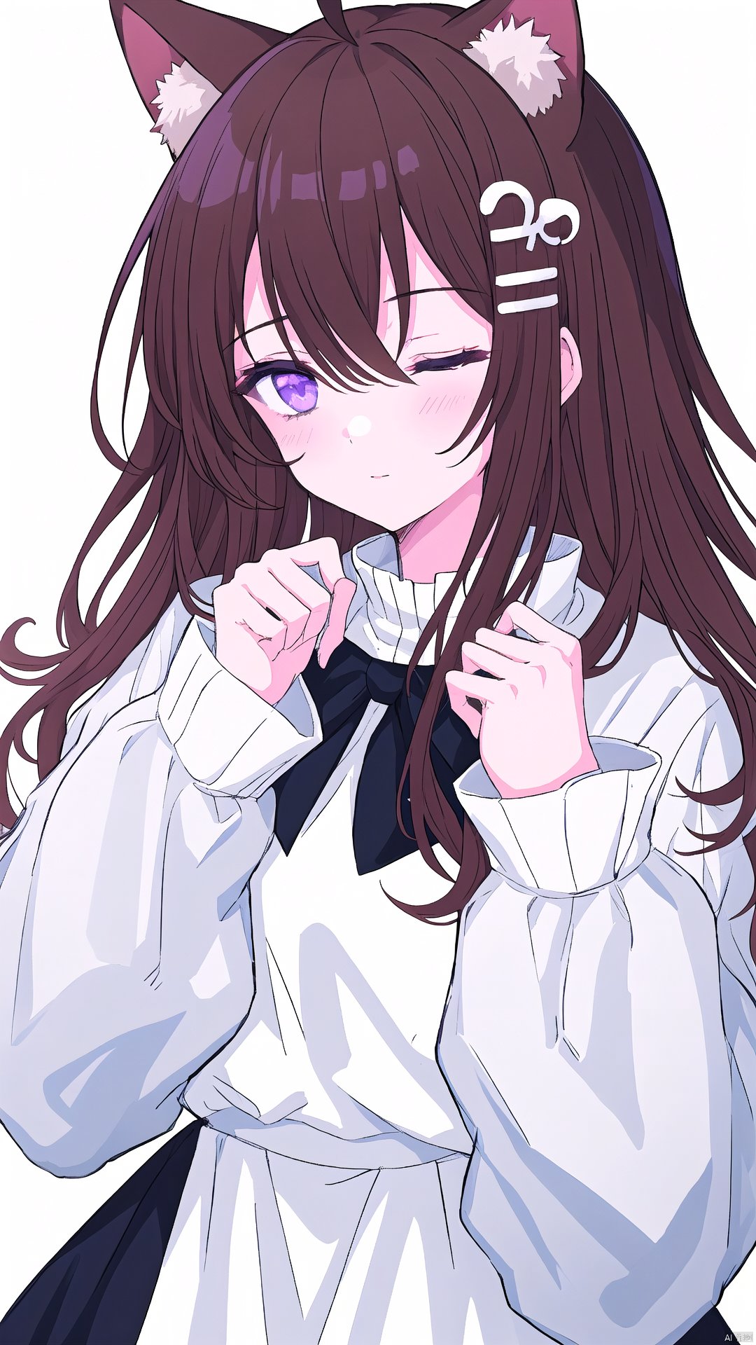 1girl, animal ears, one eye closed, solo, animal ear fluff, purple eyes, long hair, ahoge, white background, blush, brown hair, simple background, looking at viewer, bangs, long sleeves, hair between eyes, upper body, hair ornament, hands up, dress