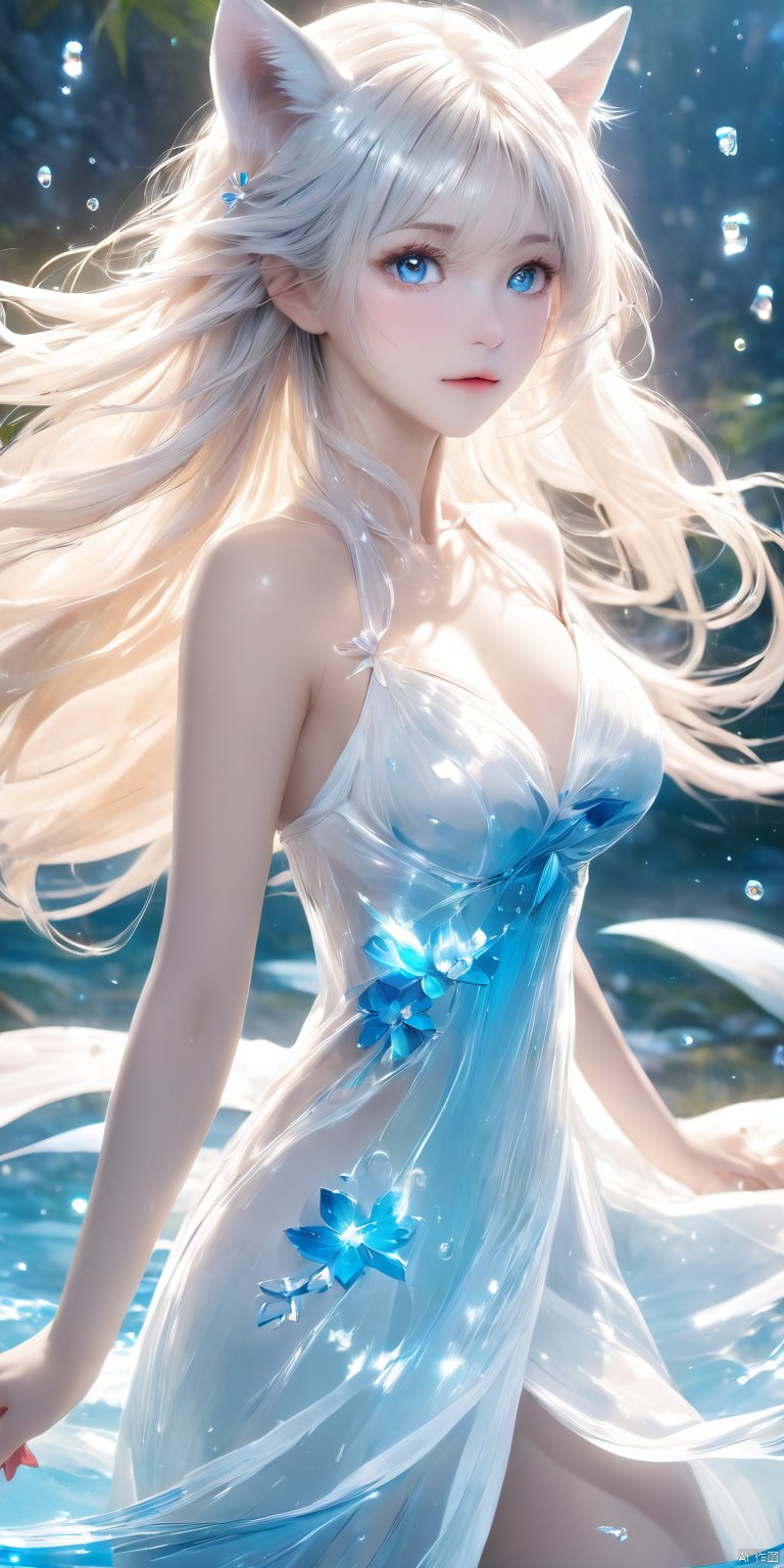  Ultra-clear, ultra-detailed, ((detailed depiction)),1girl, solo, long hair, breasts, looking at viewer, blue eyes, blonde hair, dress, animal ears, bare shoulders, upper body, white hair, white dress,watery details, ultimate picture quality, CG