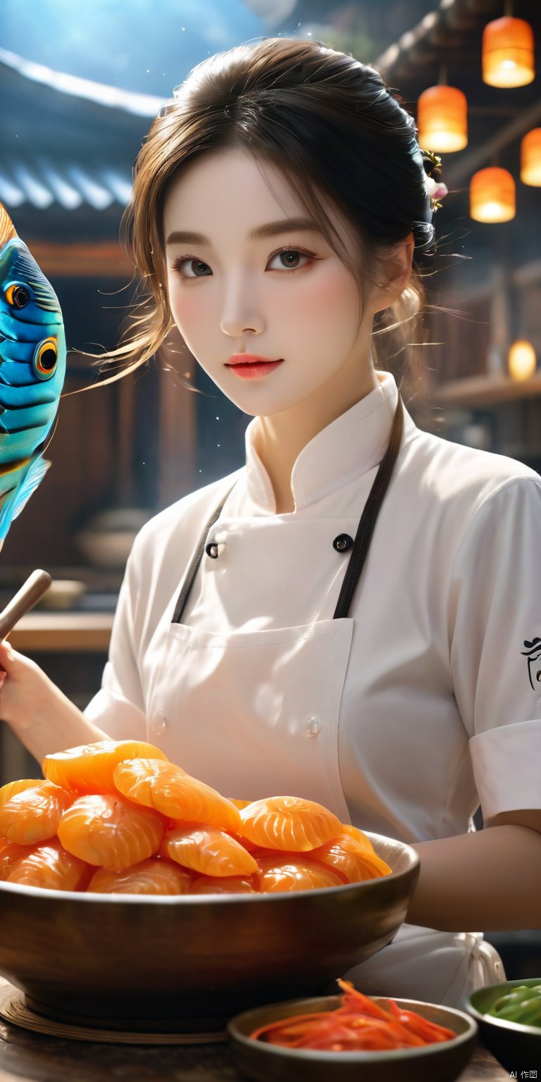  Ultra-clear, ultra-detailed, ((detailed depiction)), chef, apron, kitchen, talisman, yin-yang fish, food, oriental snacks, ultimate picture quality, CG, xihua