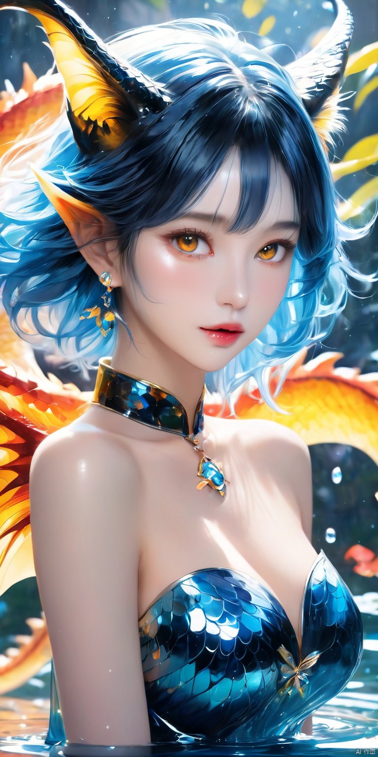  Ultra-clear, ultra-detailed, ((detailed depiction)), solo, 1girl, solo, breasts, looking at viewer, short hair, bangs, blue eyes, large breasts, black hair, dress, animal ears, cleavage, bare shoulders, jewelry, multicolored hair, earrings, parted lips, wings, cat ears, water, black dress, lips, wet, see-through, strapless, detached collar, strapless dress, pelvic curtain, white background, yellow eyes, horns, water, motion blur, dragon, eastern dragon, ultimate picture quality, CG, xihua