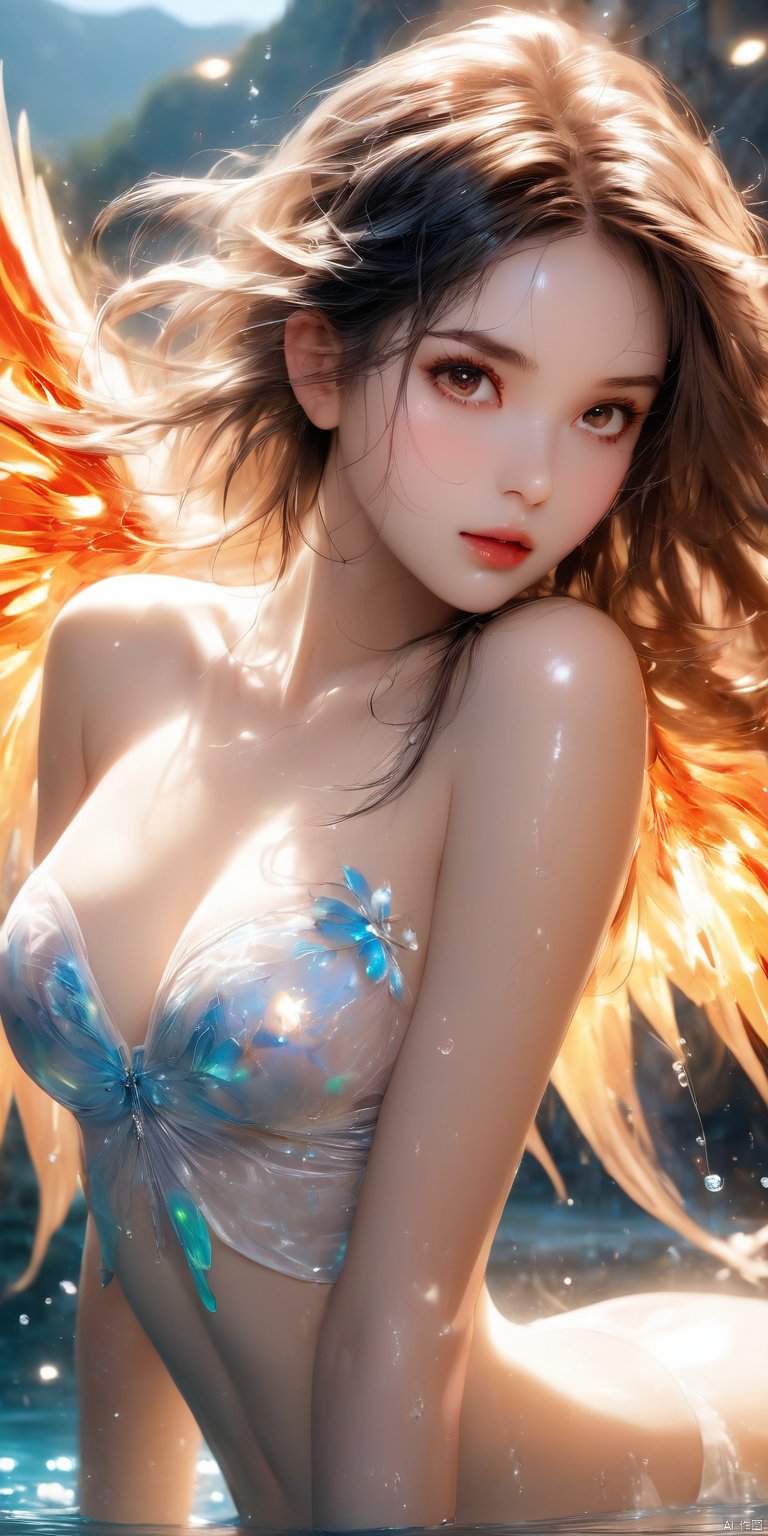 masterpiece, best quality, ultra-detailed, detailed pupils, photography, pale, realistic skin texture, 1girl, Simple background, indoor, lying, on back, from front, blush, brown eyes, close-up, uncensored, clear background, Glowing particles, lightning and thunder, messy hair, Phoenix, Solo, charming woman, ((Perfect ketone body)), messy flame long hair, glowing hair, floating hair, red pupils, flame tube top, upper body, Chest tattoo, shoulder tattoo, beautiful detailed eyes, beautiful detailed face, ((flame wings)), ((transparent water flow wrap)), phoenix behind, high definition, ultra high definition, 16K high quality, highest quality, masterpiece, master Masterpiece, top CG rendering, (long wet hair), messy hair, dazzling flame wings, exquisite facial features, big ((real eyes)), crystal pupils, long wet silver hair, messy hair, exquisite appearance, beautiful eyes, long eyelashes, silver pupils, light makeup, hot body, milky white skin covered with lotion, delicate and smooth reflective, perfect collarbone, (transparent lace scarf), silk tube top, ((full breasts)) (large breasts), ((looming ketone bodies)), ((poppy poppy tattoos under sexy belly)), (water-stained body is hot and enchanting), milky white skin, delicate and smooth Glossy, perfect body, (glossy thighs), hot, close-up, realistic, real texture, real photo, cinematic, high quality, studio lighting, telephoto, depth of field, large depth of field masterpiece, top CG rendering , the highest quality, ultra-clear, flame beauty