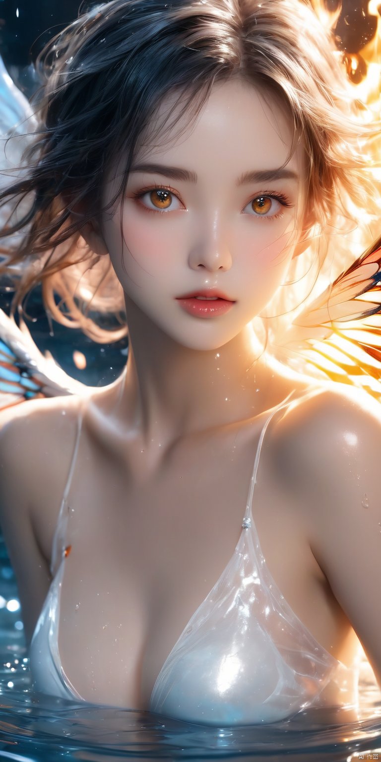 masterpiece, best quality, ultra-detailed, detailed pupils, photography, pale, realistic skin texture, 1girl, Simple background, indoor, lying, on back, from front, blush, brown eyes, close-up, uncensored, clear background, Glowing particles, lightning and thunder, messy hair, Phoenix, Solo, charming woman, ((Perfect ketone body)), messy flame long hair, glowing hair, floating hair, red pupils, flame tube top, upper body, Chest tattoo, shoulder tattoo, beautiful detailed eyes, beautiful detailed face, ((flame wings)), ((transparent water flow wrap)), phoenix behind, high definition, ultra high definition, 16K high quality, highest quality, masterpiece, master Masterpiece, top CG rendering, (long wet hair), messy hair, dazzling flame wings, exquisite facial features, big ((real eyes)), crystal pupils, long wet silver hair, messy hair, exquisite appearance, beautiful eyes, long eyelashes, silver pupils, light makeup, hot body, milky white skin covered with lotion, delicate and smooth reflective, perfect collarbone, (transparent lace scarf), silk tube top, ((full breasts)) (large breasts), ((looming ketone bodies)), ((poppy poppy tattoos under sexy belly)), (water-stained body is hot and enchanting), milky white skin, delicate and smooth Glossy, perfect body, (glossy thighs), hot, close-up, realistic, real texture, real photo, cinematic, high quality, studio lighting, telephoto, depth of field, large depth of field masterpiece, top CG rendering , the highest quality, ultra-clear, flame beauty