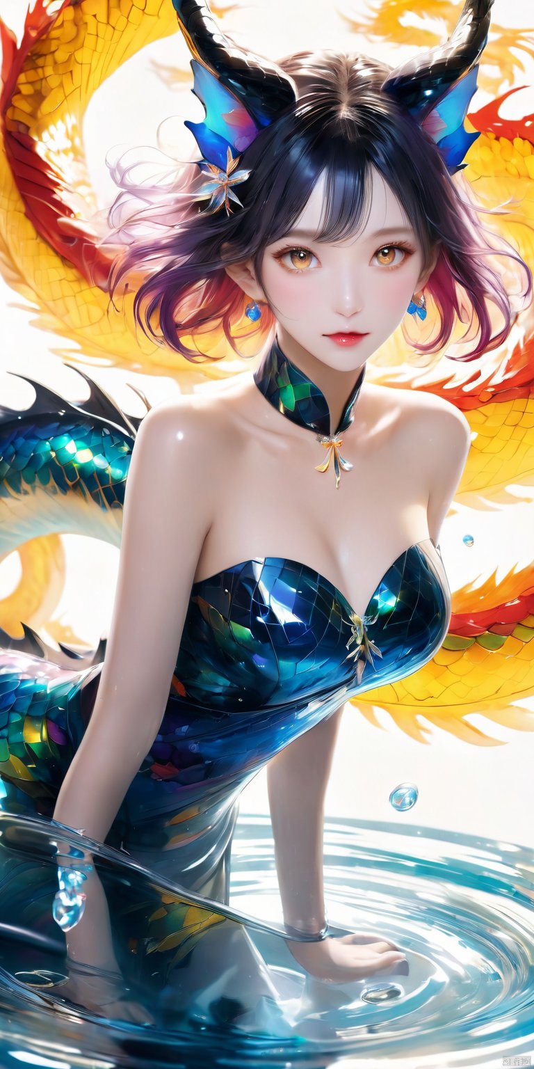  Ultra-clear, ultra-detailed, ((detailed depiction)), solo, 1girl, solo, breasts, looking at viewer, short hair, bangs, blue eyes, large breasts, black hair, dress, animal ears, cleavage, bare shoulders, jewelry, multicolored hair, earrings, parted lips, wings, cat ears, water, black dress, lips, wet, see-through, strapless, detached collar, strapless dress, pelvic curtain, white background, yellow eyes, horns, water, motion blur, dragon, eastern dragon, ultimate picture quality, CG, xihua