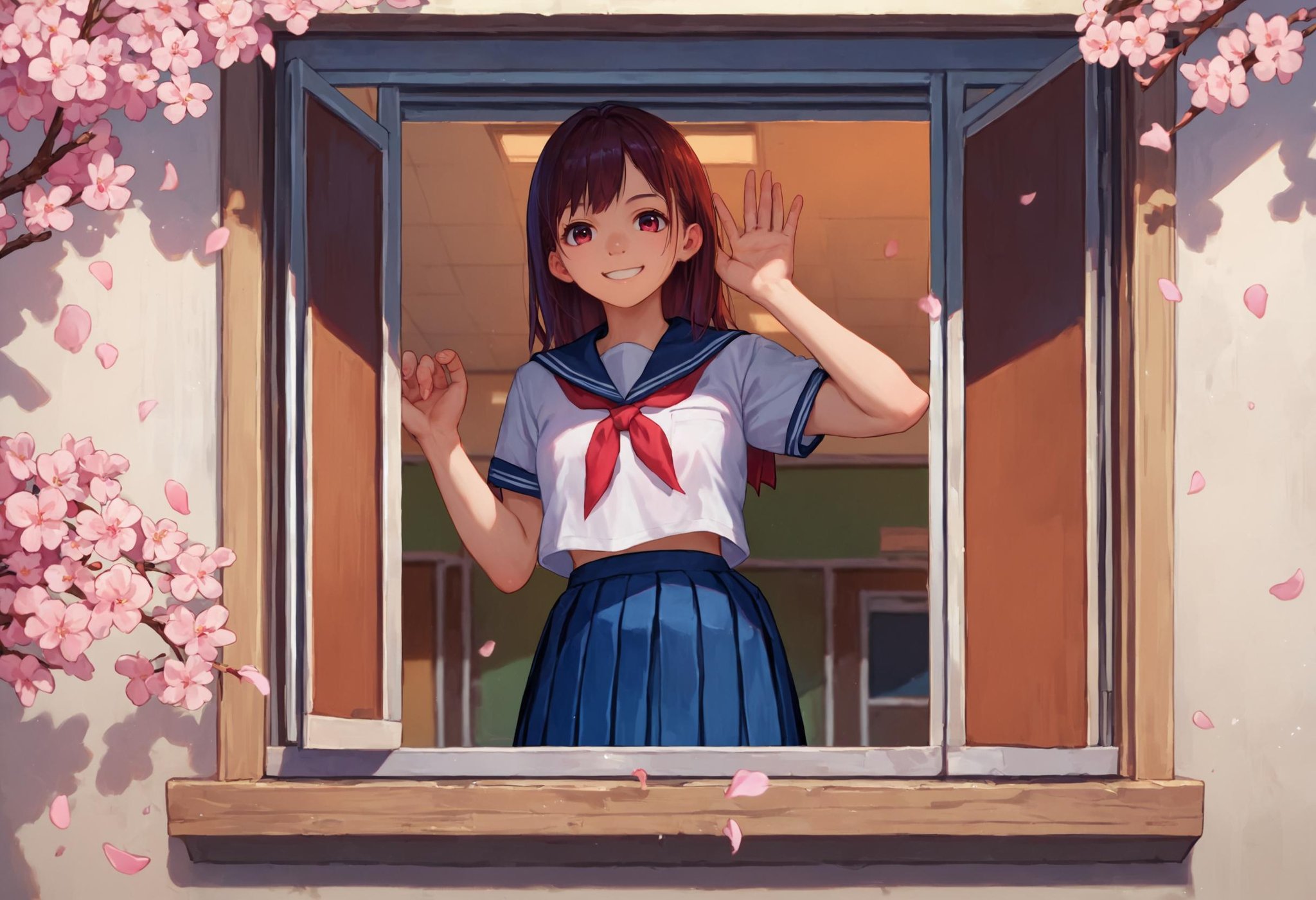 score_9_up score_8_up score_7_up, source_anime, 1girl, smile, from outside window, classroom, looking at viewer, serafuku, school uniform, pleated skirt, cherry blossoms, [against glass::0.1]<lora:from_outside_window_24re_pony_2_d4:1>