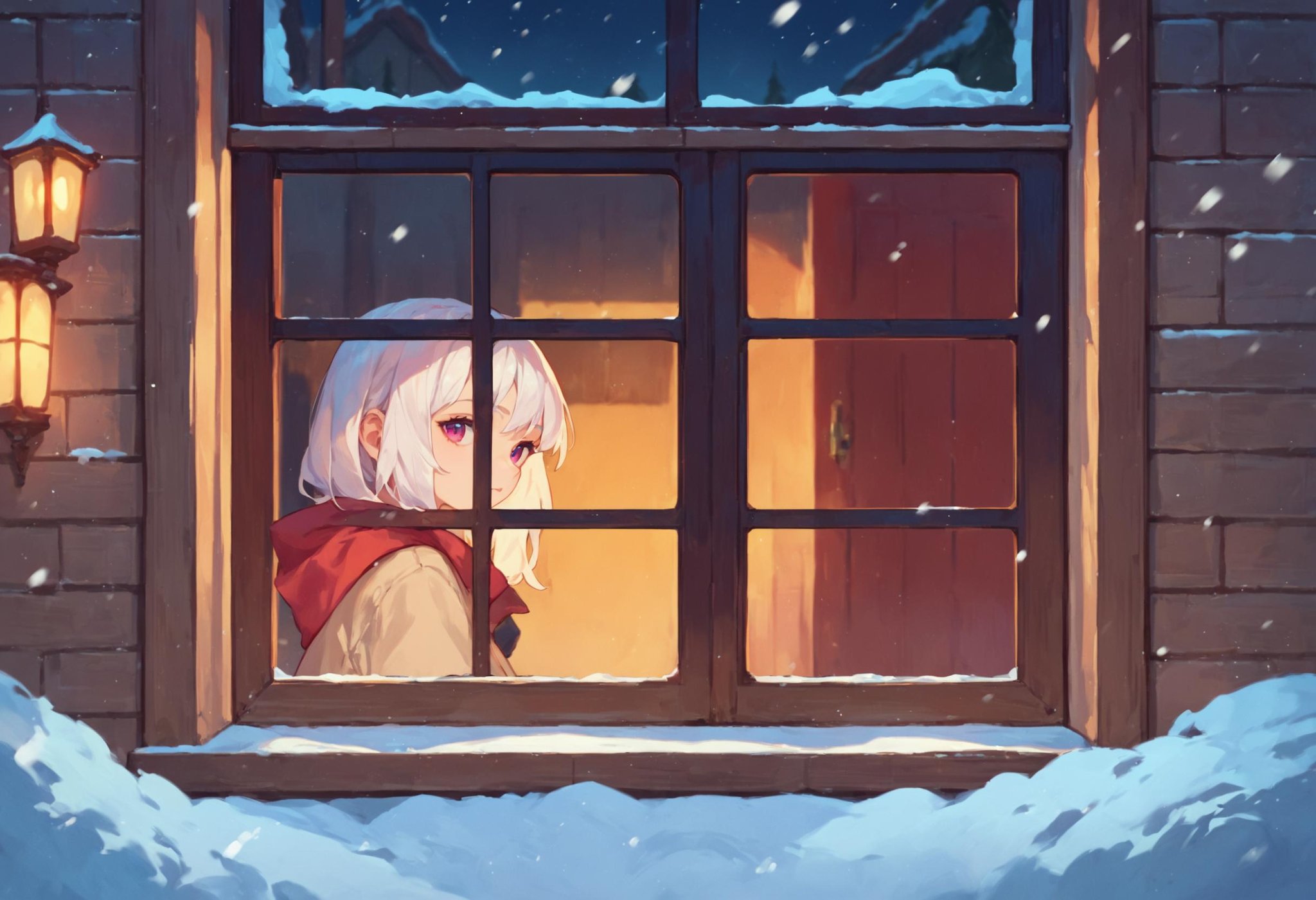 score_9_up score_8_up score_7_up, source_anime, 1girl, white hair, looking at viewer, from outside window, night, snow, from side<lora:from_outside_window_24re_pony_2_d4:1>