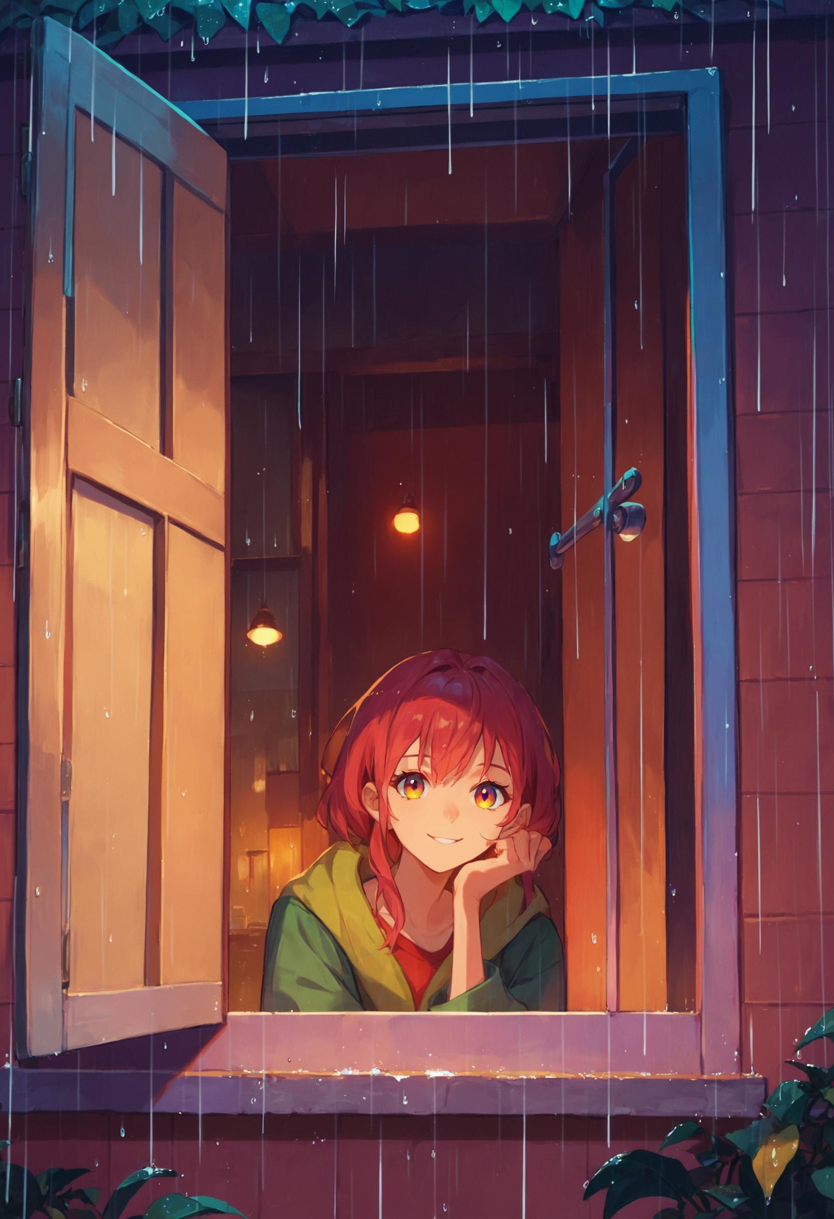 score_9_up score_8_up score_7_up, source_anime, 1girl, smile, from outside window, night, rain, looking at viewer<lora:from_outside_window_24re_pony_2_d4:1>