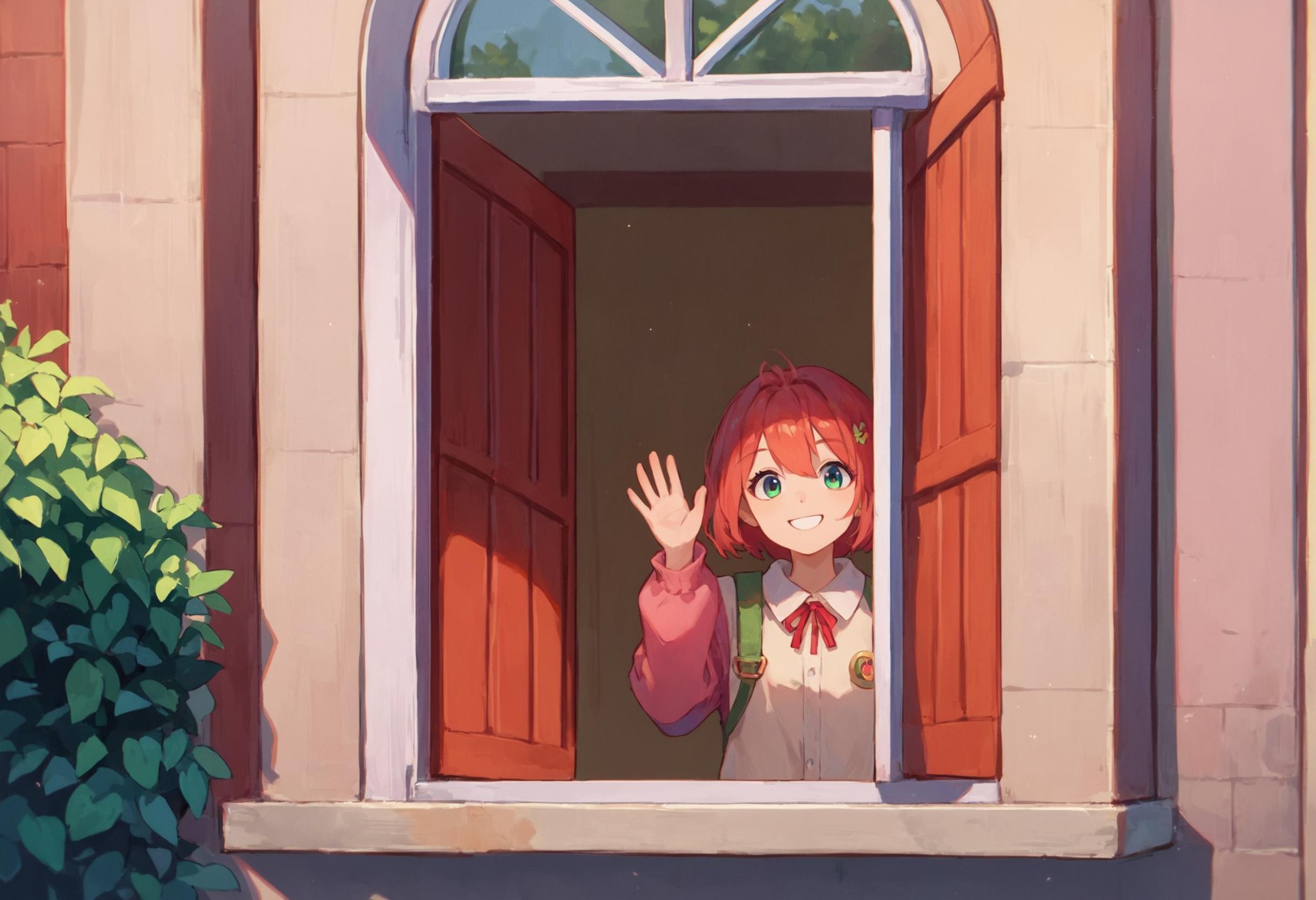 score_9_up score_8_up score_7_up, source_anime, 1girl, smile, from outside window, waving, looking at viewer<lora:from_outside_window_24re_pony_2_d4:1>