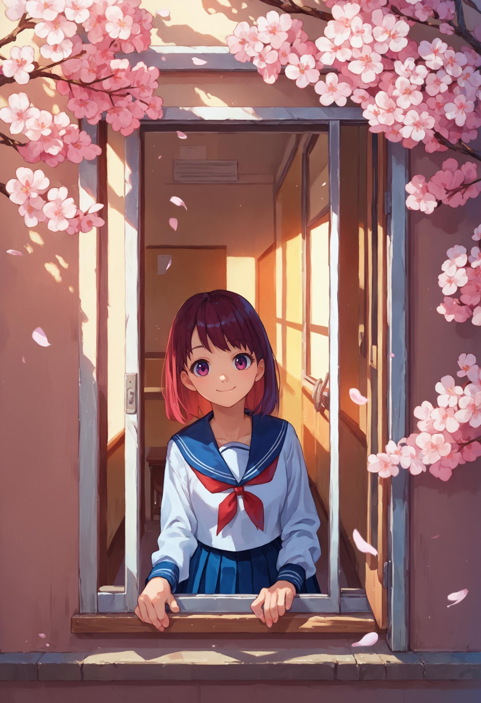 score_9_up score_8_up score_7_up, source_anime, 1girl, smile, from outside window, classroom, looking at viewer, serafuku, school uniform, pleated skirt, cherry blossoms<lora:from_outside_window_24re_pony_2_d4:1>