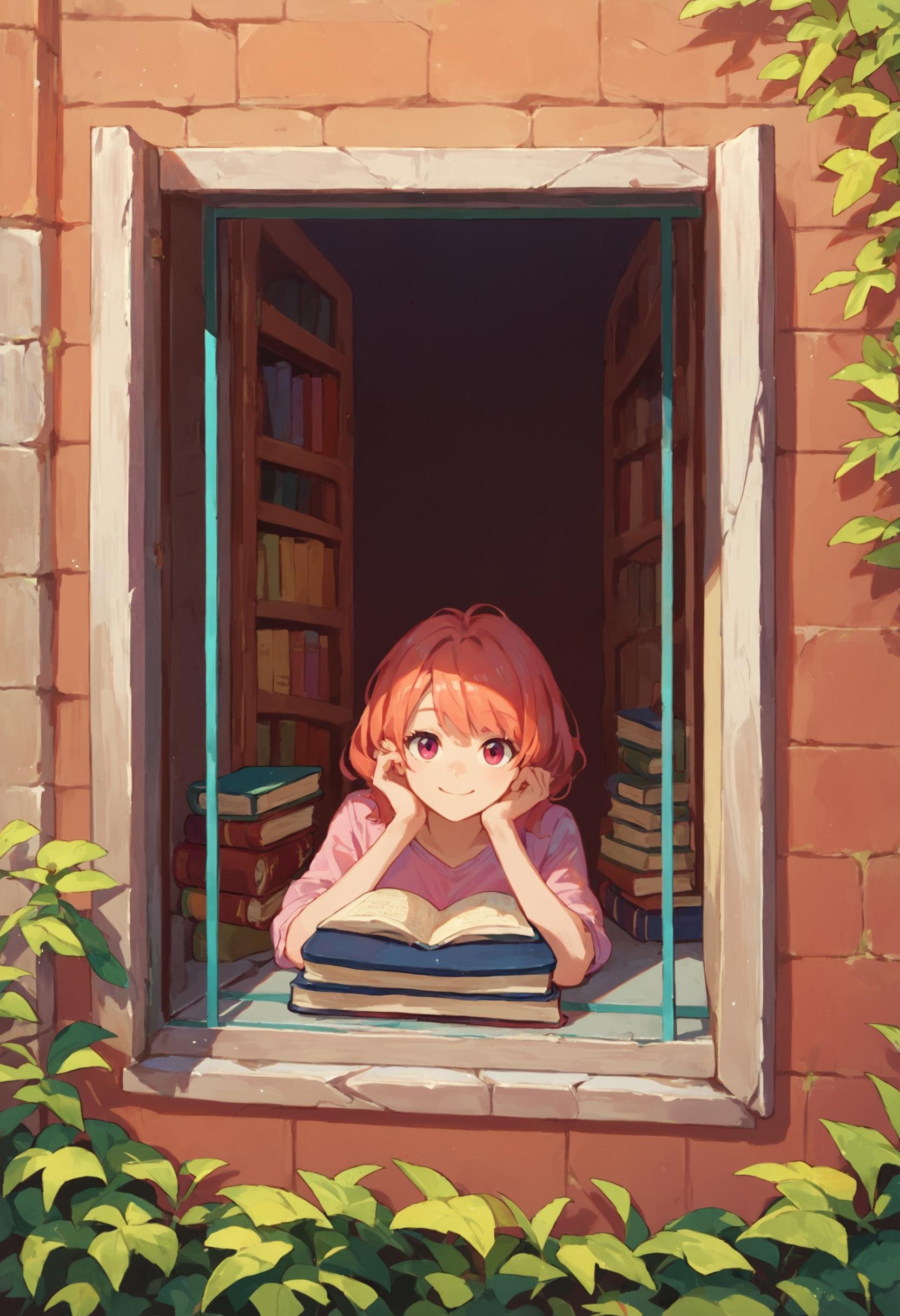 score_9_up score_8_up score_7_up, source_anime, 1girl, smile, from outside window, looking at viewer, book, sitting<lora:from_outside_window_24re_pony_2_d4:1>