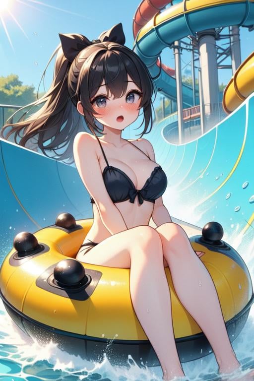 (((masterpiece, best quality, very aesthetic, absurdres))), (((from below))), (((spiral waterslide))), ((sitting on colorful funny pattern innertube)), ((splash)), ((wet body)), ((bare legs)), bikini, trees, lazy river, water park, (((sunlight raining))), solo, 1girl, cleavage, ((big tits)), black updo, ribbon, open mouth, sweat, shy, blush, slim figure, <lora:girllikespiralwaterslide:0.9>