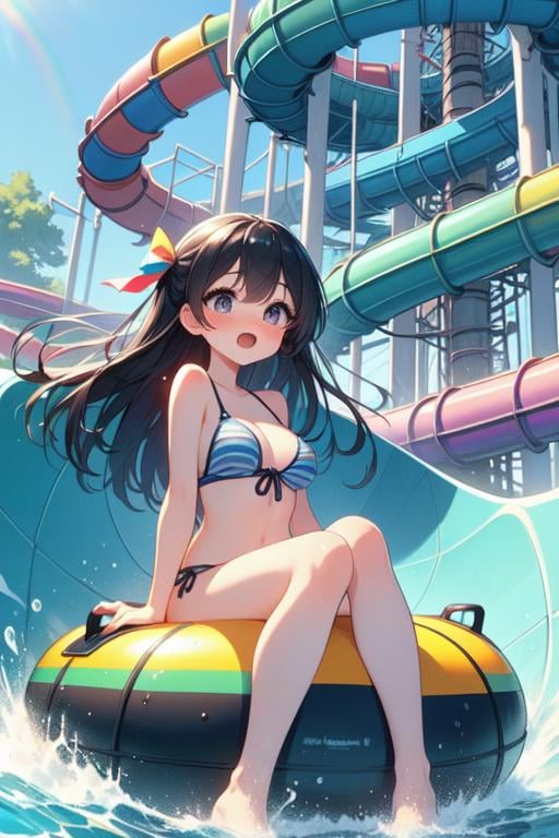 (((masterpiece, best quality, very aesthetic, absurdres))), (((from below))), (((spiral waterslide))), ((sitting on colorful funny pattern innertube)), ((splash)), ((wet body)), ((bare legs)), bikini, trees, lazy river, water park, ((fog)), (((rainbow in sky))), solo, 1girl, cleavage, ((big tits)), auburn braids, long hair, ribbon, open mouth, sweat, shy, blush, slim figure, <lora:girllikespiralwaterslide:0.9>