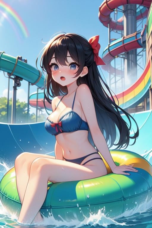 (((masterpiece, best quality, very aesthetic, absurdres))), (((from below))), (((spiral waterslide))), ((sitting on colorful funny pattern innertube)), ((splash)), ((wet body)), ((bare legs)), bikini, trees, lazy river, water park, ((fog)), (((rainbow in sky))), solo, 1girl, cleavage, ((big tits)), auburn braids, long hair, ribbon, open mouth, sweat, shy, blush, slim figure, <lora:girllikespiralwaterslide:0.9>