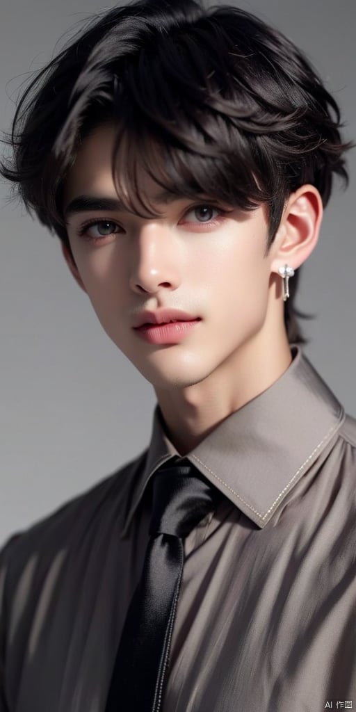 solo, looking at viewer, short hair, bangs, shirt, black hair, 1boy, hair between eyes, jewelry, closed mouth, jacket, upper body, grey hair, male focus, multicolored hair, earrings, necktie, collared shirt, gradient, grey eyes, petals, black shirt, gradient background, eyelashes, formal, black background, gem, portrait, light particles, glint