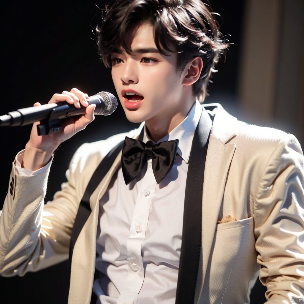 solo, short hair, open mouth, bangs, brown hair, shirt, black hair, long sleeves, 1boy, bow, holding, jacket, white shirt, upper body, male focus, bowtie, black jacket, black bow, formal, microphone, black bowtie, music, holding microphone, singing, microphone stand, spotlight, stage lights