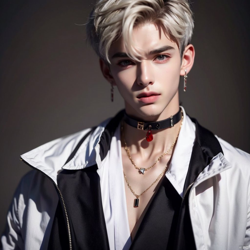 solo, looking at viewer, short hair, red eyes, 1boy, hair between eyes, jewelry, jacket, upper body, white hair, male focus, earrings, parted lips, choker, necklace, collar, blood, chain, sunset, blood on face, blood on clothes