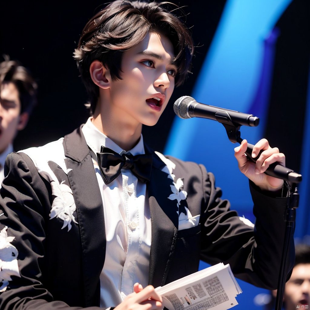 solo, short hair, open mouth, bangs, brown hair, shirt, black hair, long sleeves, 1boy, bow, holding, jacket, white shirt, upper body, male focus, bowtie, black jacket, black bow, formal, microphone, black bowtie, music, holding microphone, singing, microphone stand, spotlight, stage lights