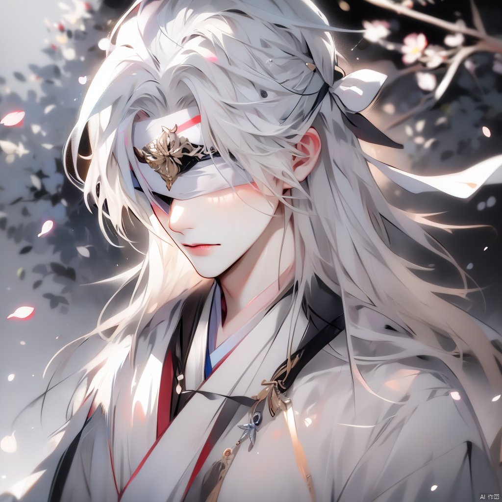 solo, long hair, hair ornament, 1boy, closed mouth, upper body, white hair, male focus, japanese clothes, kimono, blurry, petals, headband, portrait, facing viewer, blindfold, covered eyes