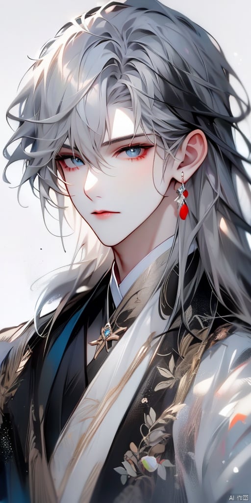 solo, long hair, looking at viewer, blue eyes, black hair, 1boy, white background, jewelry, upper body, white hair, grey hair, male focus, earrings, fur trim, chinese clothes, portrait, bishounen