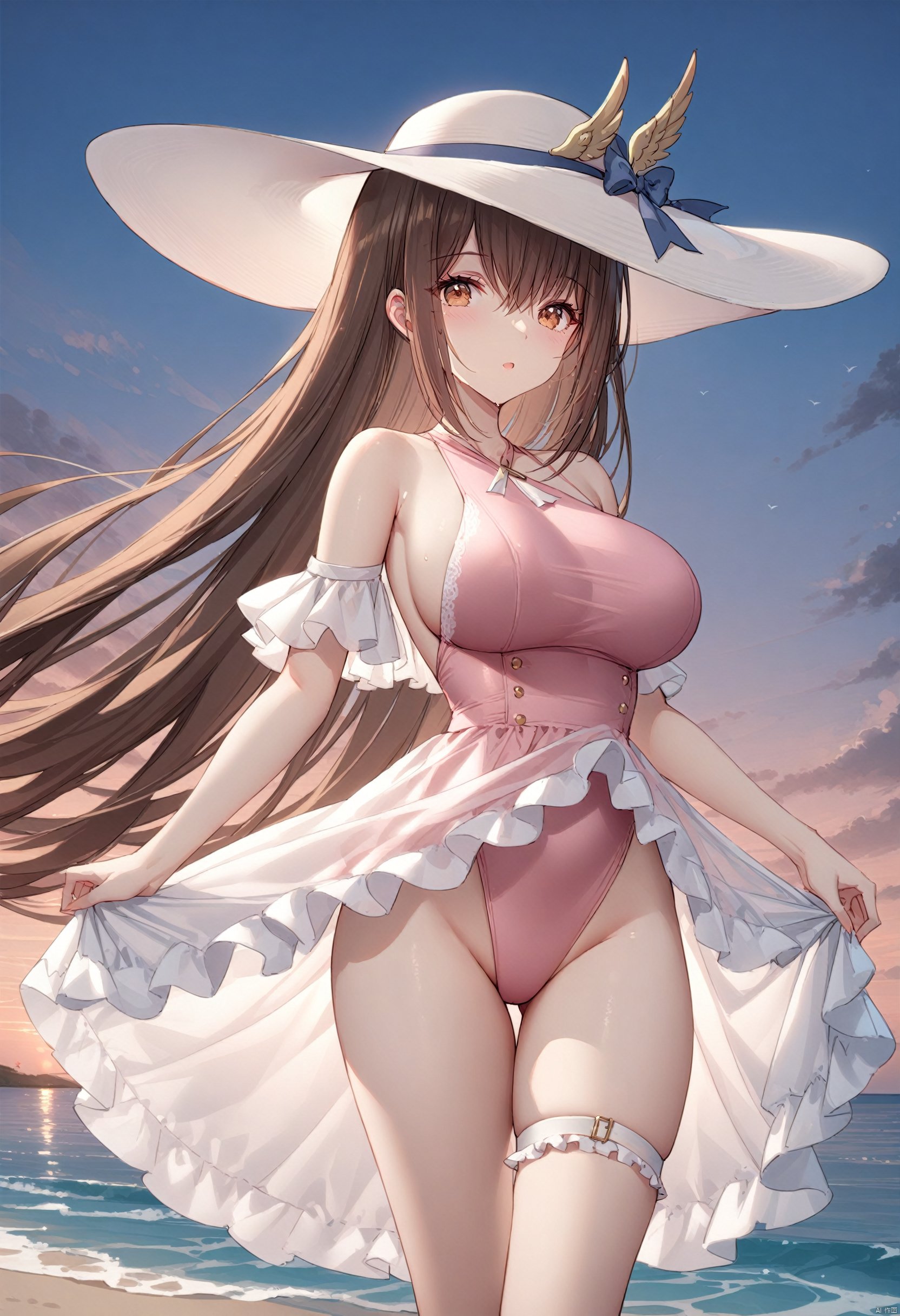  Hermes, standing, 1girl, Dusk light, pink one-piece swimsuit, swimsuit, breasts, official alternate costume, hat, highleg, long hair, large breasts, white headwear, looking at viewer, brown hair, sun hat, high heels, bare shoulders, highleg swimsuit, frills, solo, legs, thigh strap, white footwear, brown eyes, sea beach, beautiful water, cowboy shot, 

maximalism.fine fabric emphasis
, BREAK, 
best quality, amazing quality, very aesthetic, absurdres, Highly detailed, best quality, masterpiece, Highly detailed, 

