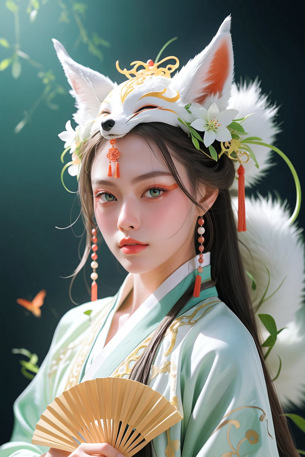 A fox girl, fan, biting the end of a fan , the covering her mouth, showcasing a sly expression and wide eyes. She has nine fluffy tails trailing behind her, with long fox ears perched on top of her head. Dressed in traditional style clothing against a gradient background, she exudes a mysterious atmosphere, a high-quality detailed portrait illustration featuring a fox girl holding the fan with tails in front of her mouth, with vibrant colors, deep shadows, and intricate details, ideal for digital art and fantasy character design.hanfu,