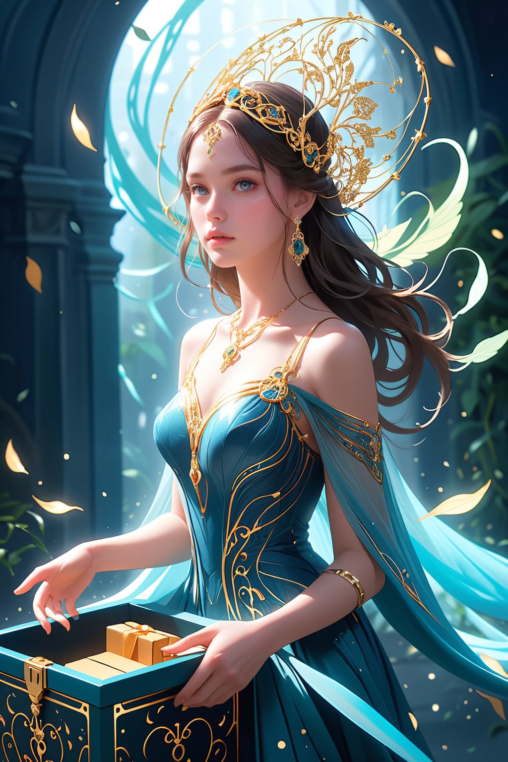 The beautiful Pandora, adorned in intricate jewelry and a flowing dress, eagerly reaching for the lid of the mysterious box, her eyes filled with wonder and anticipation.