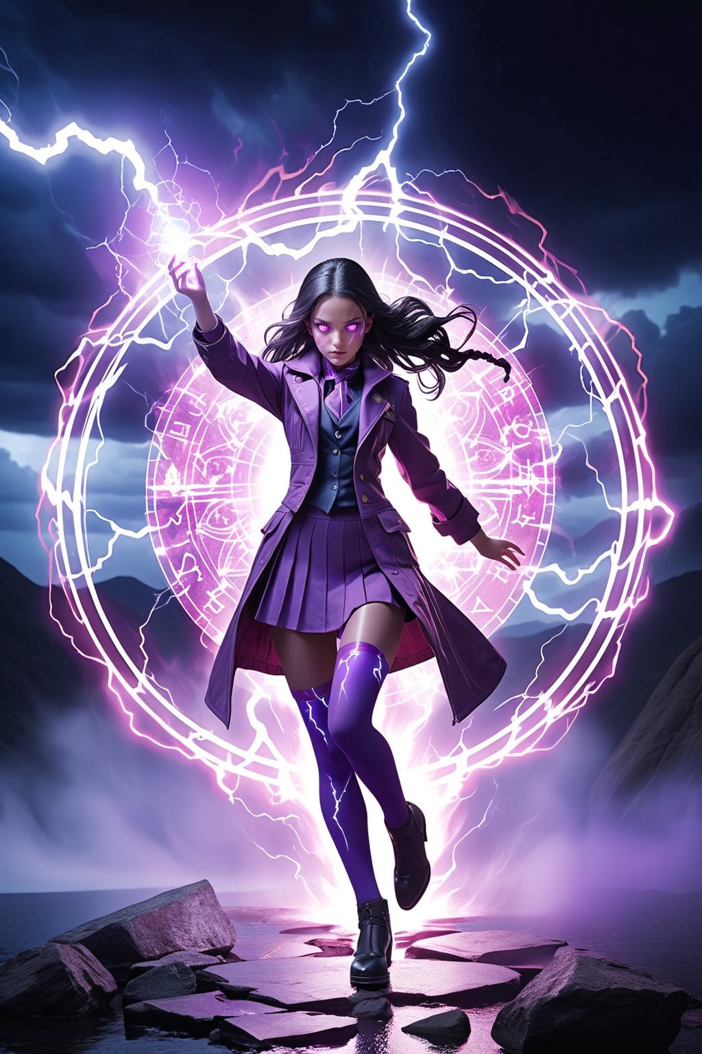 1girl,urple hair, purple eyes, glowing eyes, electricity,Silk stockings, jackets, lightning, Short skirt,Artifacts,purple magic, aura, full body,magic circle, braids,very long hair,hair flowe,tarry sky