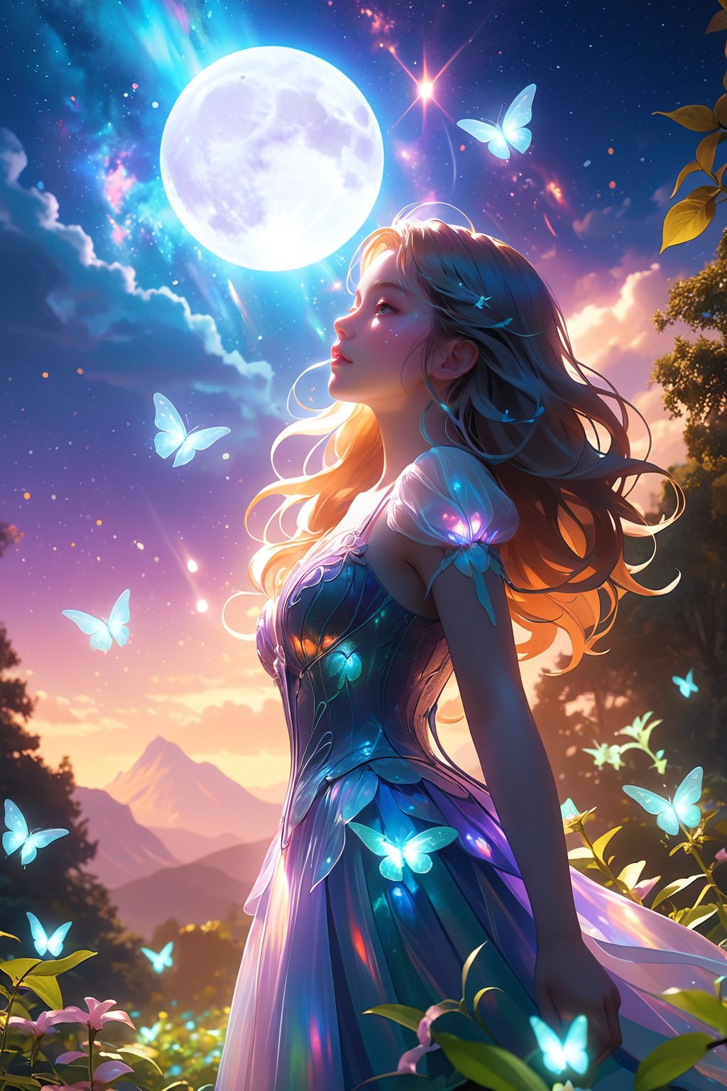 expansive landscape photograph,(a view from below that shows sky above and open field below),a girl standing on flower field looking up,(full moon:1.2),( shooting stars:0.9),(nebula:1.3),distant mountain,tree BREAK production art,(warm light source:1.2),(Firefly:1.2),lamp,lot of purple and orange,intricate details,volumetric lighting BREAK (masterpiece:1.2),(best quality),4k,ultra-detailed,(dynamic composition:1.4),highly detailed,colorful details,( iridescent colors:1.2),(glowing lighting,atmospheric lighting),dreamy,magical,(solo:1.2)