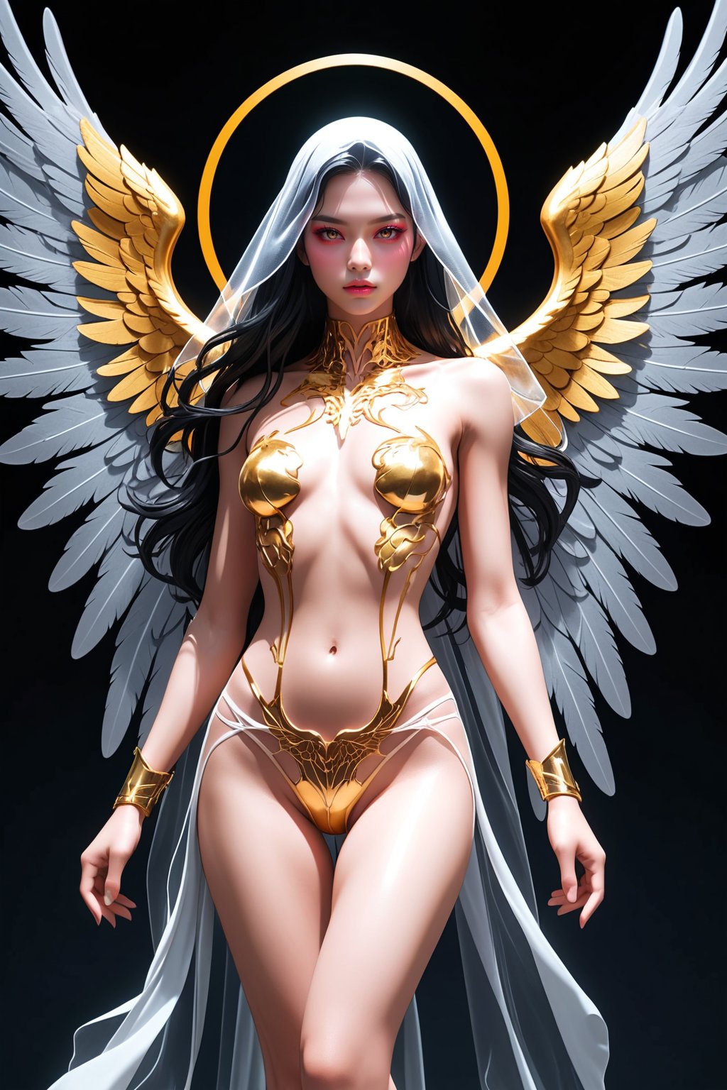SelectiveColorStyle, 2colorpop gold. A beautiful fallen angel with dark tattered wings, wearing nothing but a thin transparent veil. Highly detailed with insane quality in an anime style.
