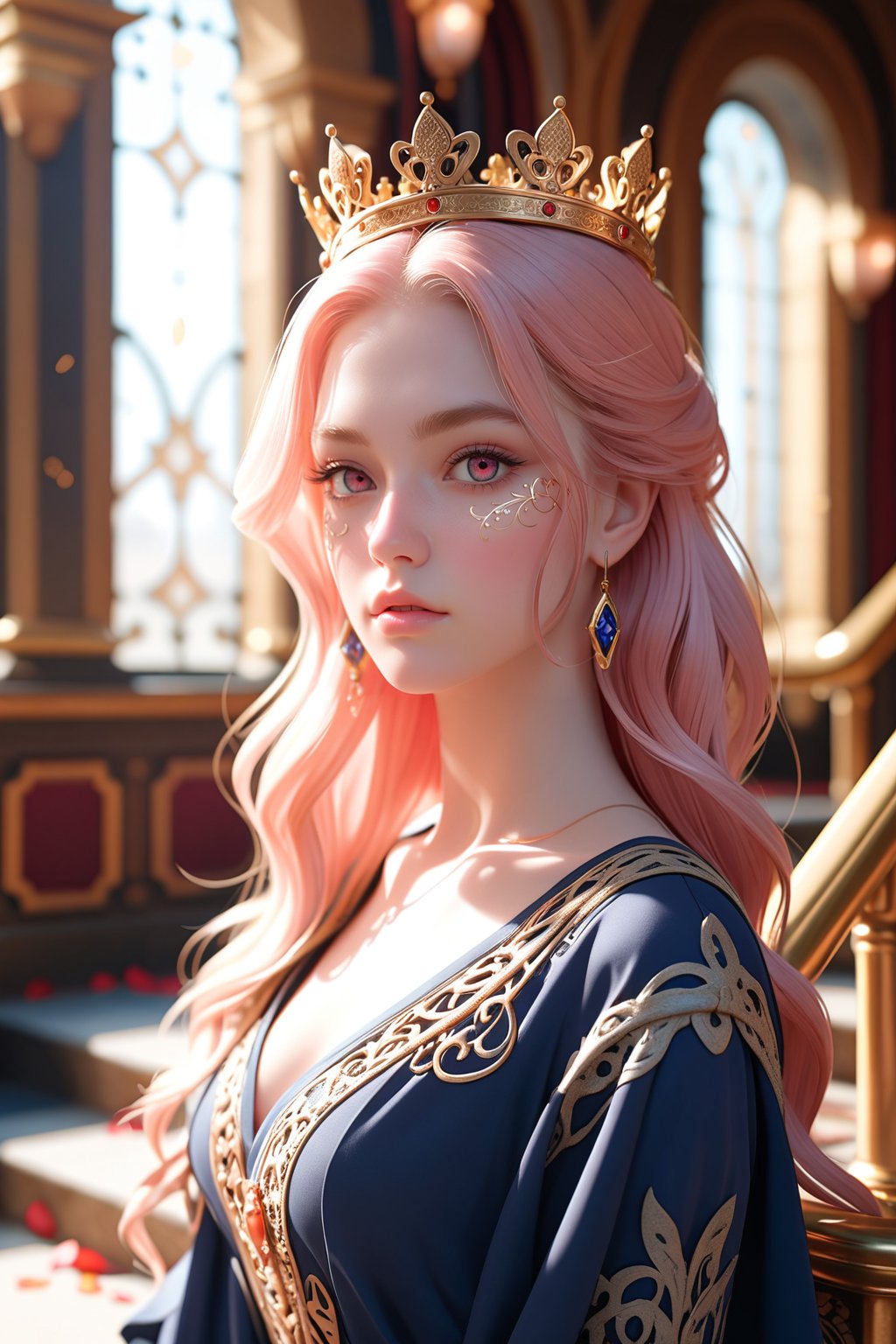 (absurdres, highres, ultra detailed), 1girl, 26yo girl, wavy long hair, pink hair, coral eyes, bangs, long sleeves, finely detailed eyes and detailed face, extremely detailed CG unity 8k wallpaper, intricate details, (style-swirlmagic:1.0), looking at viewer, solo, upper body, detailed background, close up, detailed face, (purple medieval byzantine theme:1.1), royal monarch, aristocratic, floating particles, rose petals, sitting on stairs, ballroom background, symmetrical composition, sidelighting, cinematic atmosphere, shadows, royal crown, jewels, , portrait, wind swirling