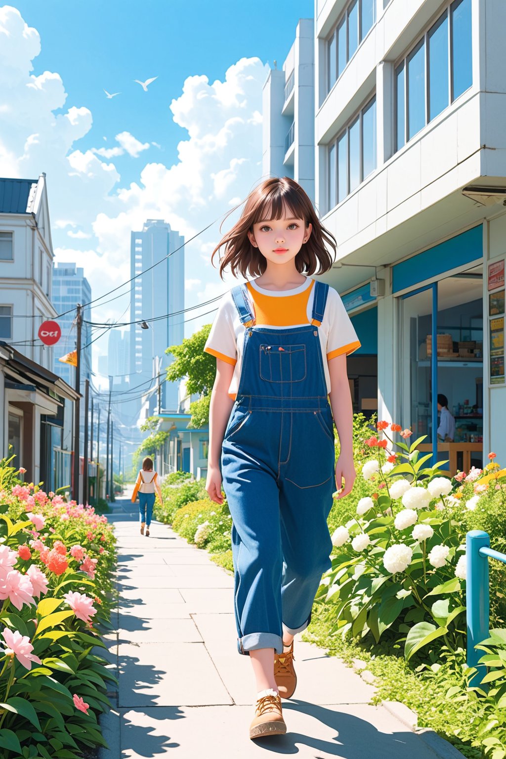26yo girl , solo, looking at viewer, illustration, original, extremely detailed, outdoors, wide shot, overalls, flower, walking, cloud, building, sky,