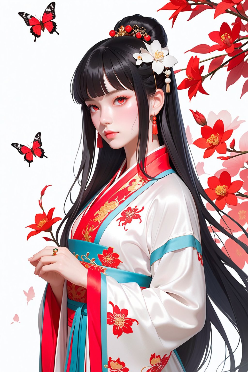 1girl, solo, Chinese clothes, long hair, butterfly, black hair, Hanfu, hime cut, bangs, bracelet, blunt bangs, jewelry, red eyes, (flower Theme),cowboy shot, 